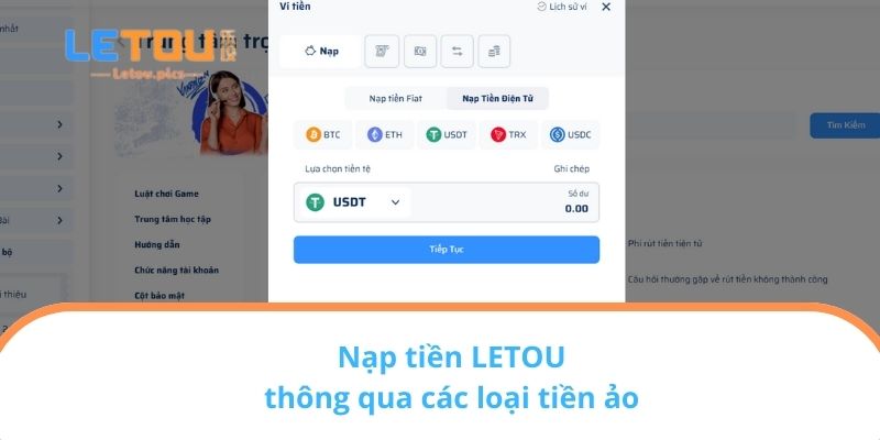 Nạp tiền LETOU thông qua các loại tiền ảo